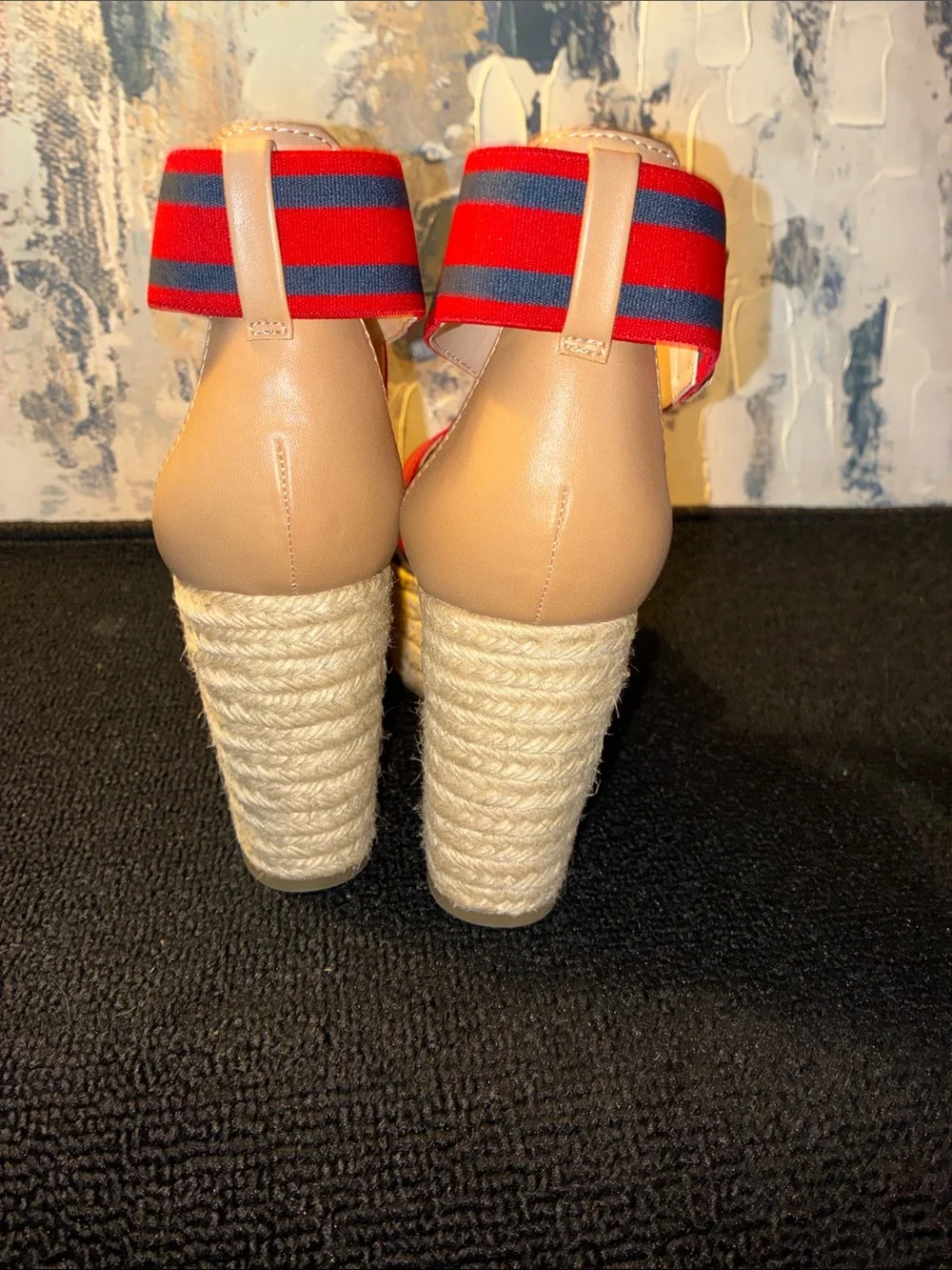 NWT Tommy Hilfiger Red & Navy Striped Espadrille Wedge Sandals Size 7.5